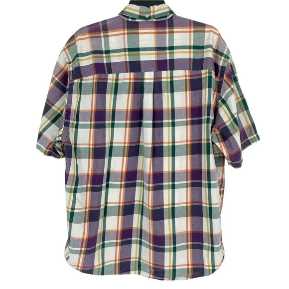 Eddie Bauer Button Up Shirt Men's Sz L Short Sleeve Collared Plaid White Purple - Picture 2 of 8